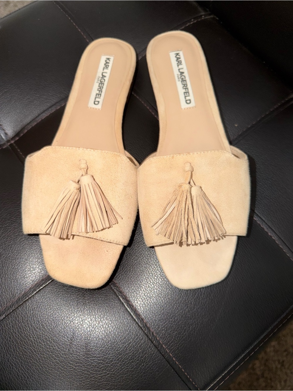 Chic Classic Karl Lagerfeld Neutral Beige Suede Tassel Slide Mules